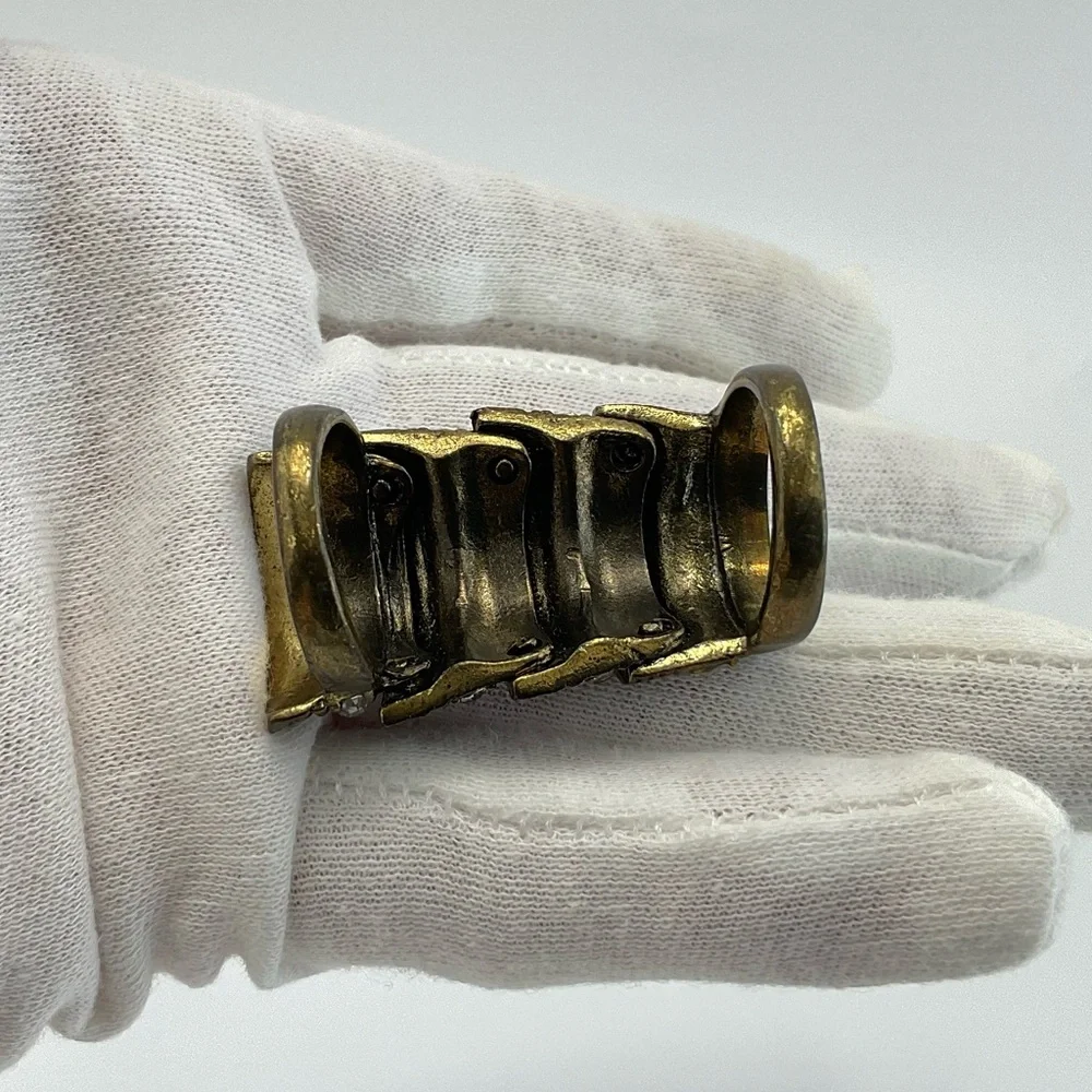 Gothic Cocktail Ring,  Articulated Knuckle Ring, Antique Gold & Clear Crystals